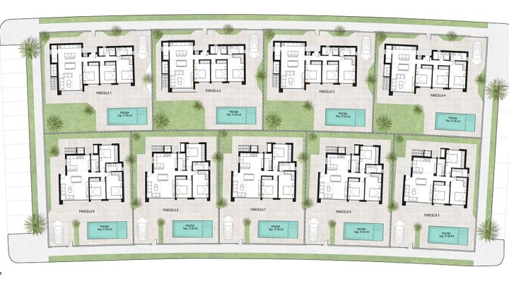 Villen mit 3 Schlafzimmern, 2 Bädern, Dachterrasse, Vorinstallation Klimaanlage und Privatpool im Condado de Alhama Golf Resort
