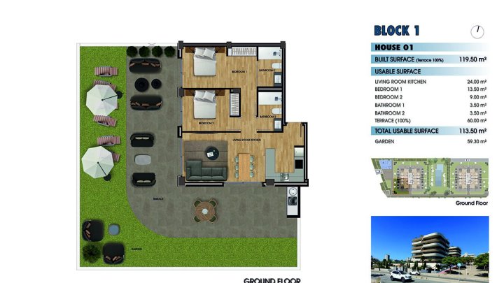 Komfortable Wohnungen mit 2 Schlafzimmern, 2 Bädern, Tiefgaragenstellplatz und Gemeinschaftspool nur 750 m vom Strand