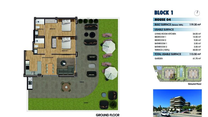 Komfortable Wohnungen mit 2 Schlafzimmern, 2 Bädern, Tiefgaragenstellplatz und Gemeinschaftspool nur 750 m vom Strand