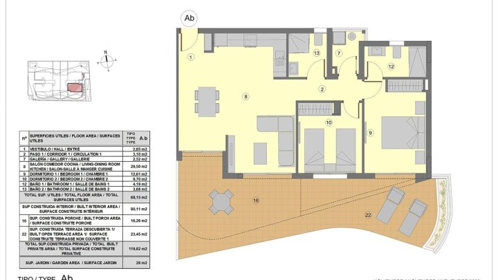 Appartements mit 2 Schlafzimmern, 2 Bädern, Klimaanlage, Fußbodenheizung in Bädern, Tiefgaragen-Stellplatz und Meerblick nur 300 m vom Strand