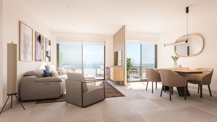 Appartements mit 3 Schlafzimmern, 2 Bädern, Klimaanlage, Fußbodenheizung in Bädern, Tiefgaragen-Stellplatz und Meerblick nur 300 m vom Strand