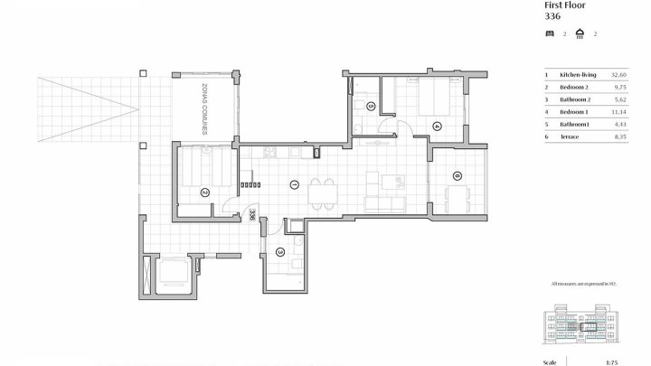Appartements mit 2 Schlafzimmern, 2 Bädern, Domotiksystem, Alarmanlage, Gemeinschaftspool, Aufzug und Tiefgaragenstellplatz
