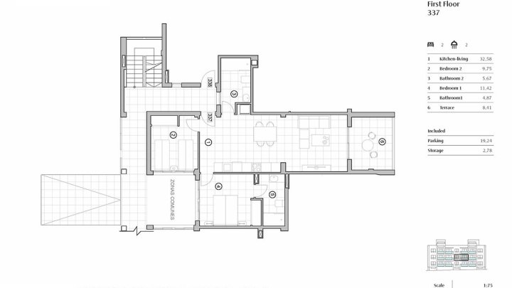 Appartements mit 2 Schlafzimmern, 2 Bädern, Domotiksystem, Alarmanlage, Gemeinschaftspool, Aufzug und Tiefgaragenstellplatz