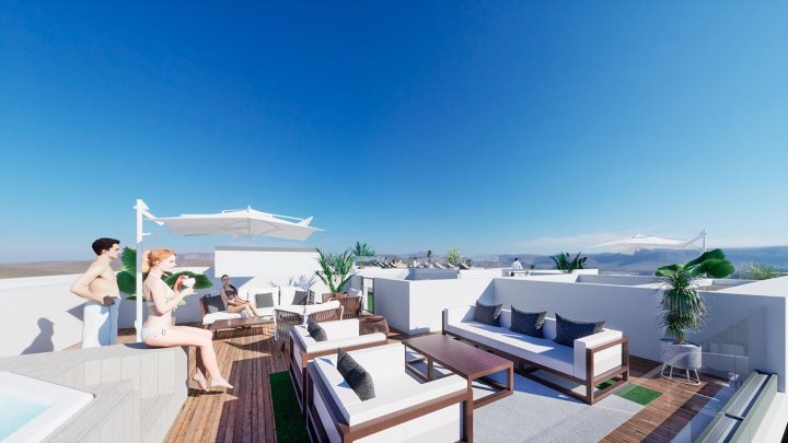 Penthouse-Wohnungen mit 2 Schlafzimmern, 2 Bädern, Dachterrasse und Gemeinschaftspool nur ca. 250 m vom Strand von Los Locos