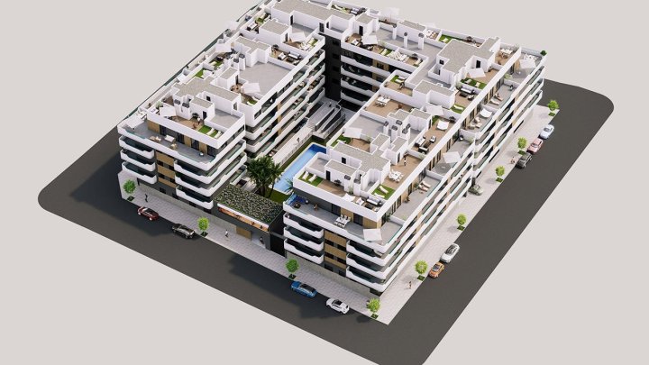 Appartements mit 3 Schlafzimmern, 2 Bädern, Vorinstallation Klimaanlage und Gemeinschaftspool nur 1 km vom Strand