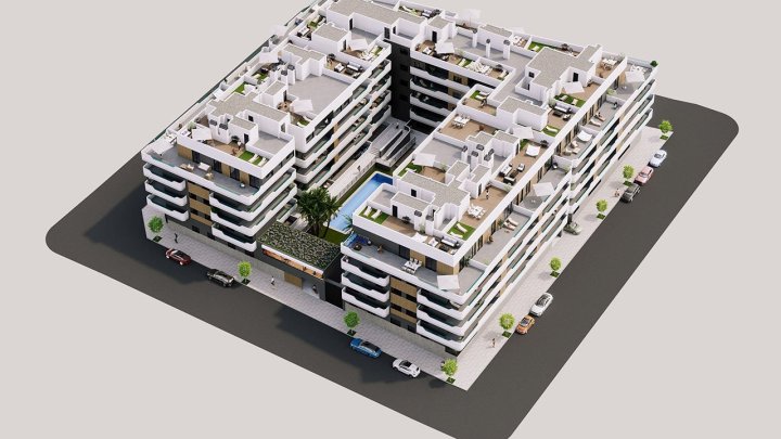 Penthouse-Wohnungen mit 2 Schlafzimmern, 2 Bädern, Dachterrasse, Vorinstallation Klimaanlage und Gemeinschaftspool nur 1 km vom Strand
