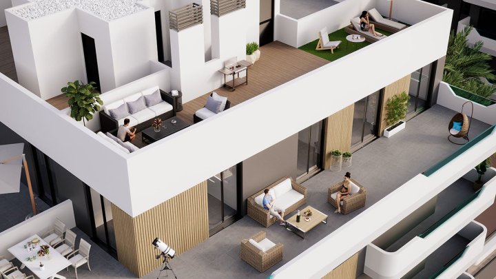 Penthouse-Wohnungen mit 2 Schlafzimmern, 2 Bädern, Dachterrasse, Vorinstallation Klimaanlage und Gemeinschaftspool nur 1 km vom Strand