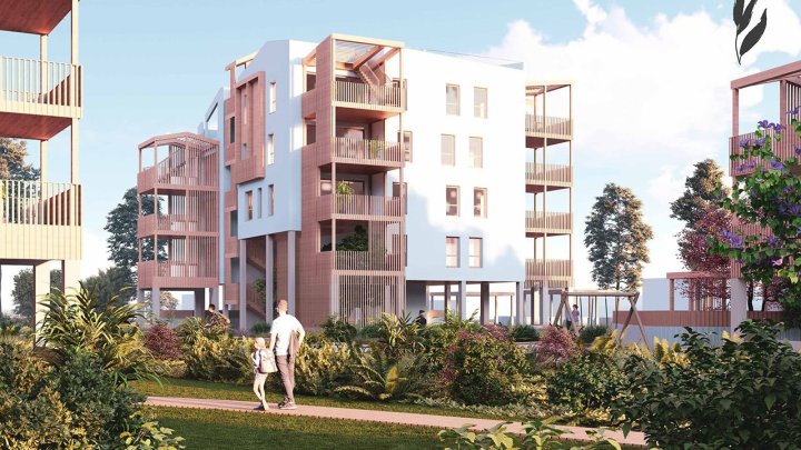 Nachhaltige Appartements mit 1 Schlafzimmer, 1 Bad, Klimaanlage, Kfz-Stellplatz, Gemeinschaftspool und Beachclub nur 400 m vom Strand