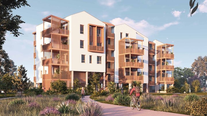 Nachhaltige Appartements mit 1 Schlafzimmer, 1 Bad, Klimaanlage, Kfz-Stellplatz, Gemeinschaftspool und Beachclub nur 400 m vom Strand