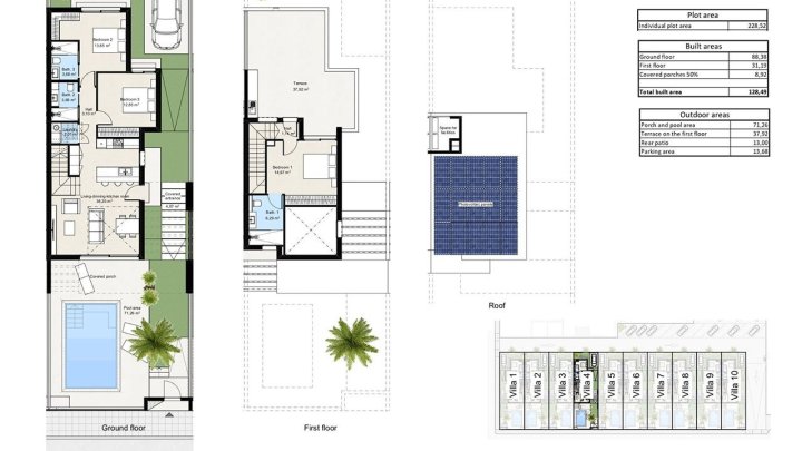 Doppelhaus-Villen mit 3 Schlafzimmern, 3 Bädern, Dachterrasse, Vorinstallation Klimaanlage und Privatpool nur 100 m vom Strand