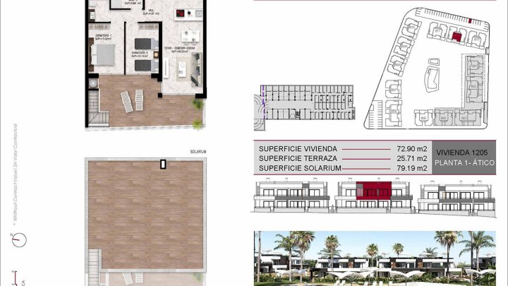 Obergeschoss-Wohnungen mit 2 Schlafzimmern, 2 Bädern, Dachterrasse, Einbauküchen mit Elektrogeräten, Klimaanlage, Kfz-Stellplatz und Gemeinschaftspool