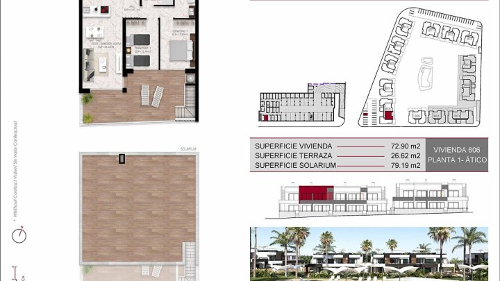 Obergeschoss-Wohnungen mit 2 Schlafzimmern, 2 Bädern, Dachterrasse, Einbauküchen mit Elektrogeräten, Klimaanlage, Kfz-Stellplatz und Gemeinschaftspool