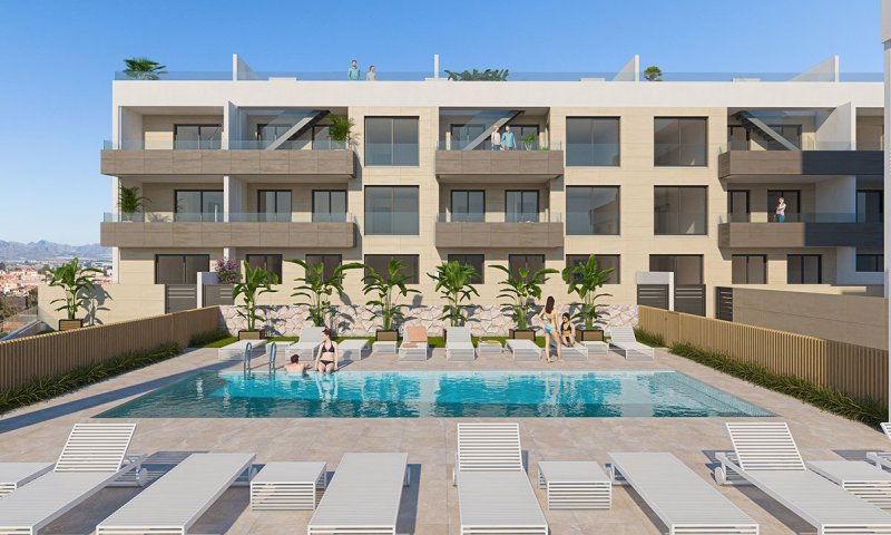 Appartements mit 2 Schlafzimmern, 2 Bädern, Tiefgaragenstellplatz und Gemeinschaftspool nur ca. 700 m vom Strand