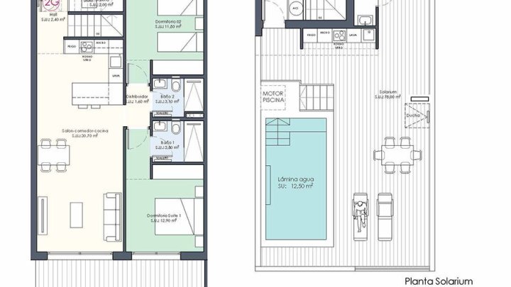 Penthouse-Wohnungen mit 2 Schlafzimmern, 2 Bädern, Dachterrasse, WC, Privatpool und Einbauküchen mit Elektrogeräten