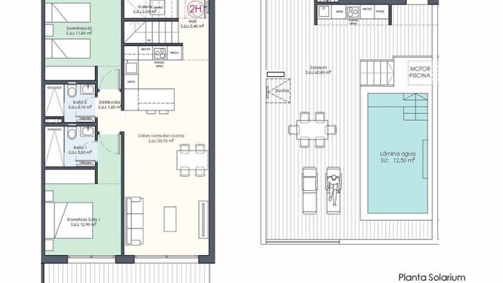 Penthouse-Wohnungen mit 2 Schlafzimmern, 2 Bädern, Dachterrasse, WC, Privatpool und Einbauküchen mit Elektrogeräten