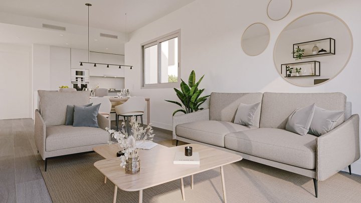 Maisonette-Wohnungen mit 3 Schlafzimmern, 2 Bädern, Gäste-WC, Fußbodenheizung in Bädern, Klimaanlage und Gemeinschaftspool nur 300 m vom Strand