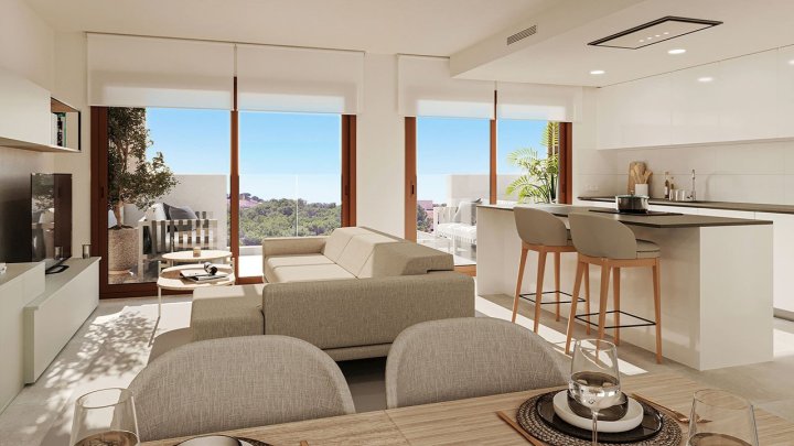 Maisonette-Wohnungen mit 3 Schlafzimmern, 2 Bädern, Gäste-WC, Dachterrasse, Fußbodenheizung, Klimaanlage und Gemeinschaftspool nur 250 m vom Meer