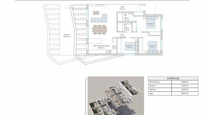 Obergeschoss-Wohnungen mit 3 Schlafzimmern, 2 Bädern, Dachterrasse, Gemeinschaftspool und Meerblick