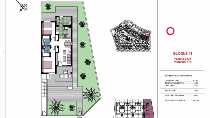 Erdgeschoss-Wohnungen mit 2 Schlafzimmern, 2 Bädern und Garten in abgeschlossener Anlage mit Gemeinschaftspools nur 600 m vom Strand