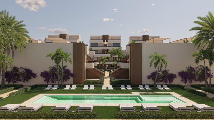 Obergeschoss-Wohnungen mit 2 Schlafzimmern, 2 Bädern, Dachterrasse und Gemeinschaftspool in sehr schönem Golf-Resort