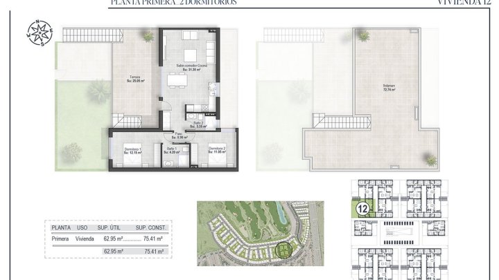 Obergeschoss-Wohnungen mit 2 Schlafzimmern, 2 Bädern, Dachterrasse und Gemeinschaftspool in sehr schönem Golf-Resort