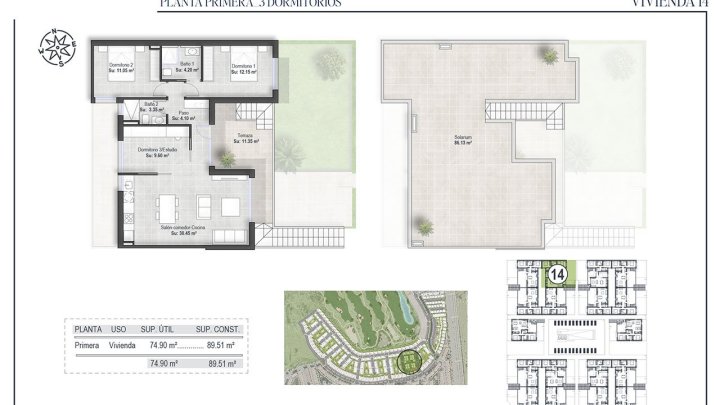 Obergeschoss-Wohnungen mit 3 Schlafzimmern, 2 Bädern, Dachterrasse und Gemeinschaftspool in sehr schönem Golf-Resort