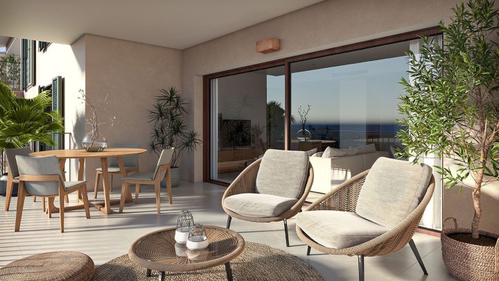 Appartements mit 2 Schlafzimmern, 2 Bädern, Klimaanlage, Gemeinschaftspool, Tiefgaragenstellplatz und Meerblick