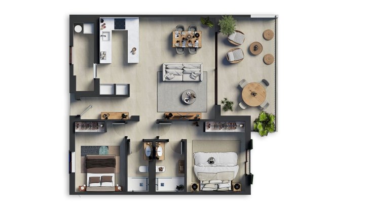 Appartements mit 2 Schlafzimmern, 2 Bädern, Klimaanlage, Gemeinschaftspool, Tiefgaragenstellplatz und Meerblick