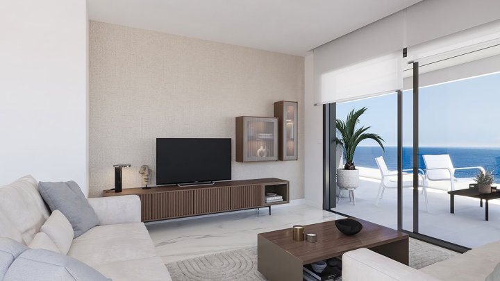 Maisonette-Wohnungen mit 3 Schlafzimmern, 3 Bädern, Klimaanlage, Fußbodenheizung in Bädern, Kfz-Stellplatz und Meerblick in erster Linie am Strand