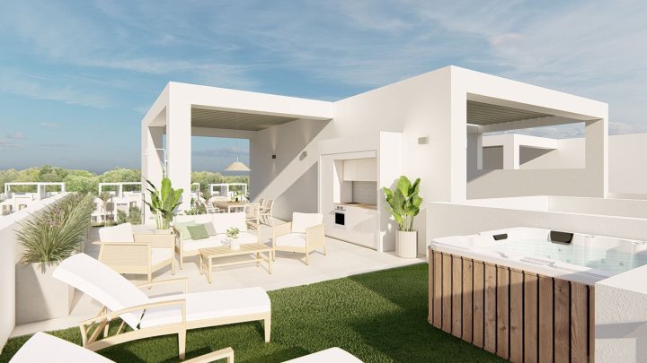 Obergeschoss-Wohnungen mit 2 Schlafzimmern, 2 Bädern, Dachterrasse, Klimaanlage, Einbauküchen mit Elektrogeräten, Kfz-Stellplatz und Gemeinschaftspool