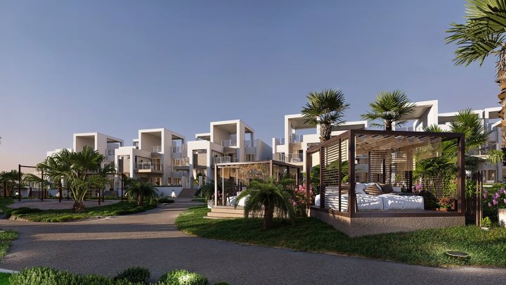 Obergeschoss-Wohnungen mit 3 Schlafzimmern, 2 Bädern, Dachterrasse, Klimaanlage, Einbauküchen mit Elektrogeräten, Kfz-Stellplatz und Gemeinschaftspool