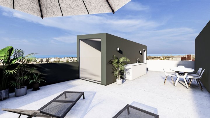 Reihenhäuser mit 3 Schlafzimmern, 3 Bädern, Dachterrasse, Kfz-Stellplatz und Privatpool nur ca. 2,5 km vom Strand