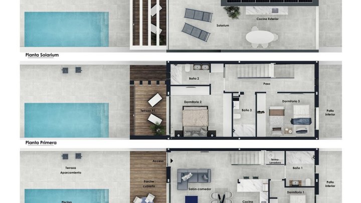 Reihenhäuser mit 3 Schlafzimmern, 3 Bädern, Dachterrasse, Kfz-Stellplatz und Privatpool nur ca. 2,5 km vom Strand