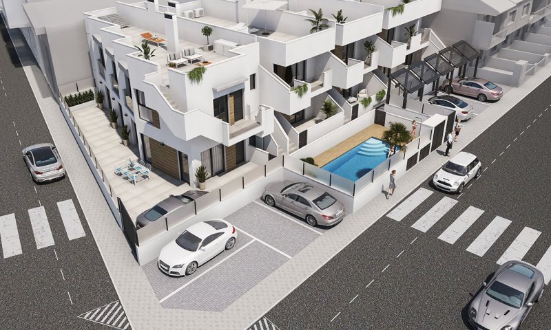 Obergeschoss-Wohnungen mit 3 Schlafzimmern, 2 Bädern, Dachterrasse und Gemeinschaftspool