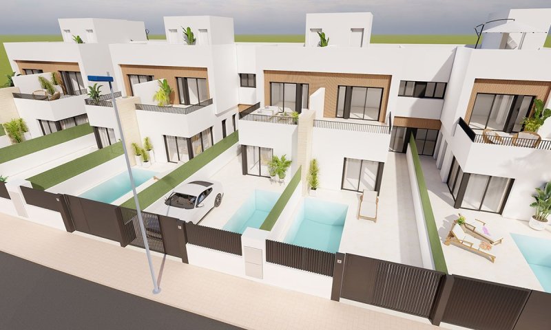 Reihenhaus-Villen mit 3 Schlafzimmern, 3 Bädern, Dachterrasse, Küchen mit Elektrogeräten, Privatpool und Kfz-Stellplatz nur 1,3 km vom Strand