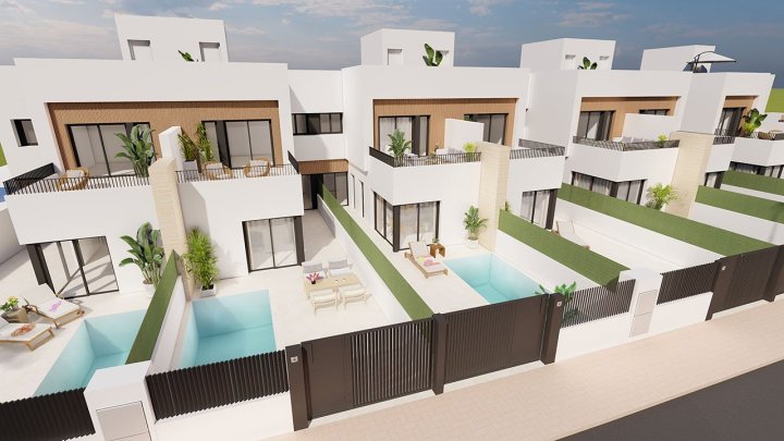 Reihenhaus-Villen mit 3 Schlafzimmern, 3 Bädern, Dachterrasse, Küchen mit Elektrogeräten, Privatpool und Kfz-Stellplatz nur 1,3 km vom Strand