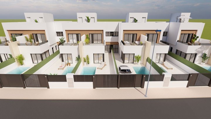Reihenhaus-Villen mit 3 Schlafzimmern, 3 Bädern, Dachterrasse, Küchen mit Elektrogeräten, Privatpool und Kfz-Stellplatz nur 1,3 km vom Strand