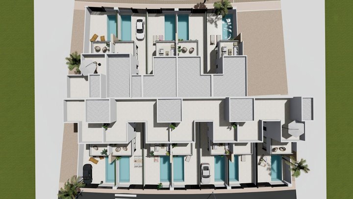 Reihenhaus-Villen mit 3 Schlafzimmern, 3 Bädern, Dachterrasse, Küchen mit Elektrogeräten, Privatpool und Kfz-Stellplatz nur 1,3 km vom Strand