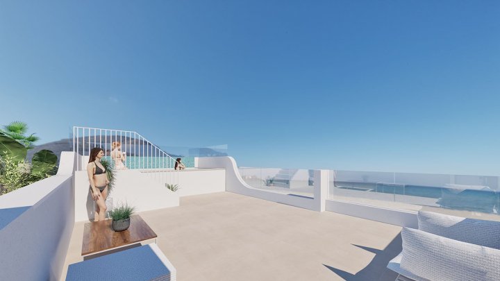 Obergeschoss-Wohnungen mit 2 Schlafzimmern, 2 Bädern, Dachterrasse, Tiefgaragenstellplatz und Gemeinschaftspool nur 200 m vom Strand