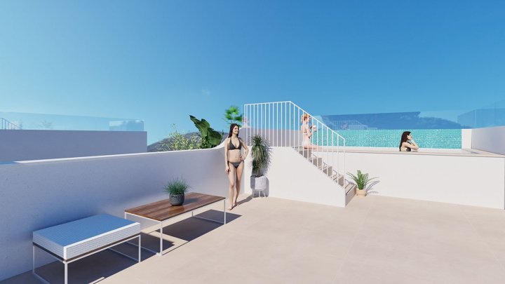 Obergeschoss-Wohnungen mit 2 Schlafzimmern, 2 Bädern, Dachterrasse, Tiefgaragenstellplatz und Gemeinschaftspool nur 200 m vom Strand