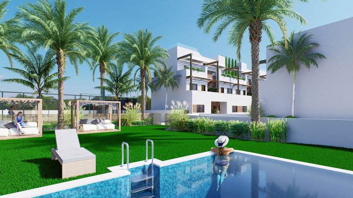 Obergeschoss-Wohnungen mit 2 Schlafzimmern, 2 Bädern, Dachterrasse, Tiefgaragenstellplatz und Gemeinschaftspool nur 200 m vom Strand