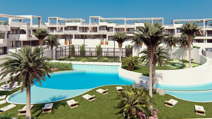 Obergeschoss-Wohnungen mit 2 Schlafzimmern, 2 Bädern, Dachterrasse, optionalem Tiefgaragenstellplatz und Gemeinschaftspool