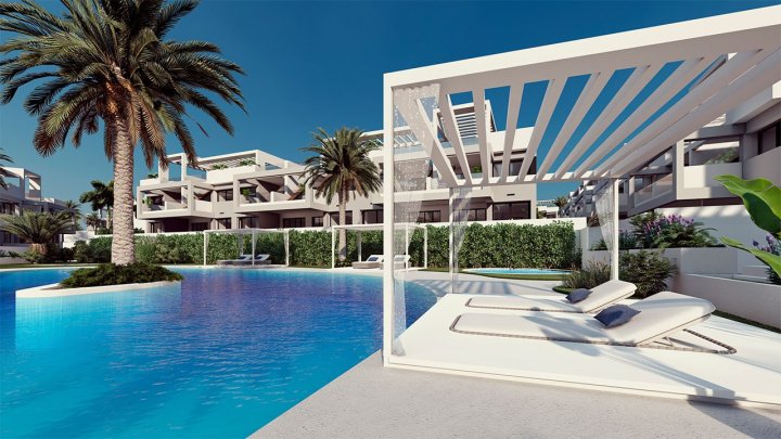Obergeschoss-Wohnungen mit 2 Schlafzimmern, 2 Bädern, Dachterrasse, optionalem Tiefgaragenstellplatz und Gemeinschaftspool