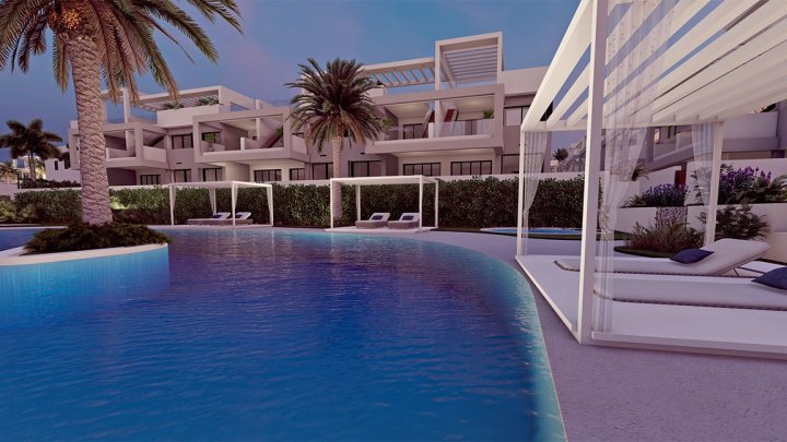 Obergeschoss-Wohnungen mit 2 Schlafzimmern, 2 Bädern, Dachterrasse, optionalem Tiefgaragenstellplatz und Gemeinschaftspool