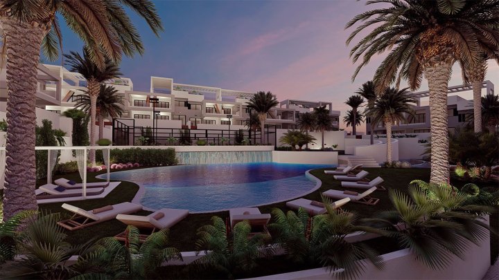 Obergeschoss-Wohnungen mit 2 Schlafzimmern, 2 Bädern, Dachterrasse, optionalem Tiefgaragenstellplatz und Gemeinschaftspool