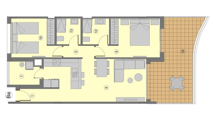 Appartements mit 2 Schlafzimmern, Fußbodenheizung in Bädern, Klimaanlage und Gemeinschaftspool nur 700 m vom Strand